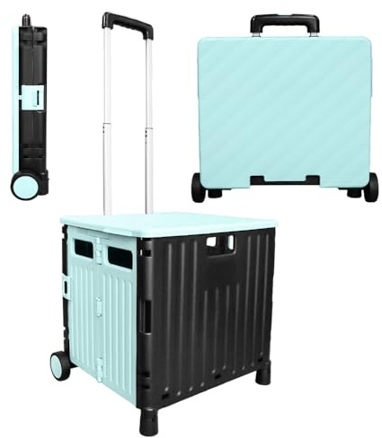 Berry 50 L hopfällbar shoppingvagn, Rullvagn – mintgrön och svart, 40 kg plastvagn med 2 hjul och lock, vagn med teleskophandtag, stor mångsidig verktygsvagn för shopping, lärare, tvätt