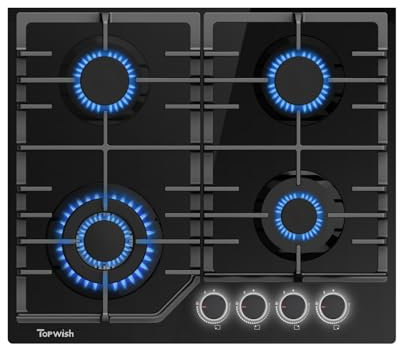 TOPWISH gaskochfeld, gaskochfeld 4 flammig einbau, gasherd 60cm, gaskochfelder mit weiße beleuchteter Drehknopf, NG/LPG Konvertierbar, Flammabriss Schutz, Zündautomatik, 8000 Watt