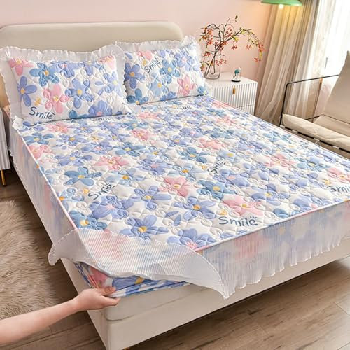 Homxi Spannleintuch Doppelbett,(120 x 200 x 30 cm),Spannbetttuch mit Elastisch Bedruckte Blumen mit Spitzen Spannbetttücher Blau Rosa