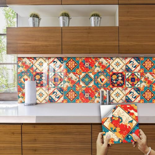 Tile Stickers 20x20 cm Geometric Red Flower Self Adhesive Wall Tiles Waterproof Stick on Tiles Bathroom Kitchen Tile Stickers Stick on Wall Tiles Decor Self Adhesive Tiles 10 Pcs