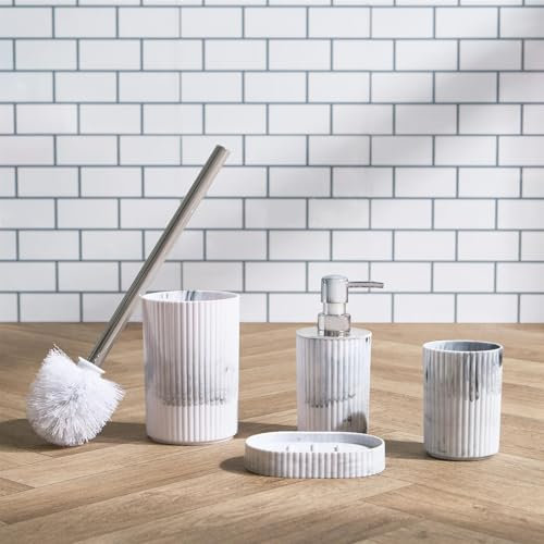 OHS Bathroom Accessories Set, Ribbed Bathroom Storage Bath Gift Set Bathroom Organiser Accessories for Home Small Bathroom Toilet Brush Soap Dispenser Toothbrush Holder, White Marble