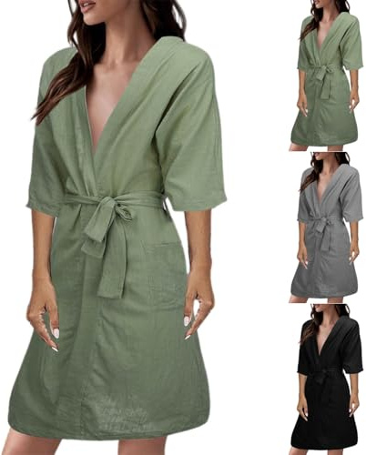 Lätt badrock för kvinnor bomull, morgonrock för damer, lätt kortärmad morgonrock, sexig basturock, linne, kimono, tunn, vardagskläder med bälte, hemmakläder med fickor, badrockar, enfärgad sovrock