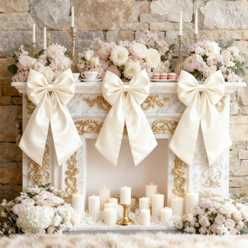 Froova Big Bow Decor Cream White Large Coquette Bow as Crib Skirt Girls Room Wall Hanging Gift Coquette Birthday Party Wedding Bridal Decor for Christmas Tree Holiday Xmas(Luxurious Satin, 23x11 in)