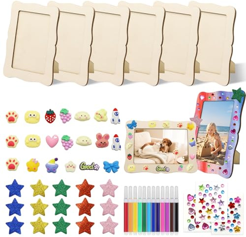 Rwbimti 6 piezas de marcos de fotos para pintar para niños (20x15 cm), marcos de fotos DIY de madera en forma de ola con 3 tipos de piedras de brillo y pegatinas 3D para decoración de bodas