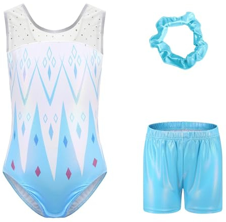 Maillots de Gymnastique Trois Pièces pour Filles, Ensemble de Gymnastique sans Manches Longues avec Short et Bandeau Maillot Compressif avec Design de Couleur Dégradée avec Strass et Dorure 5-12 Ans