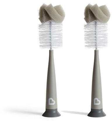 Munchkin Brosse à Biberon | Pour Nettoyer les Biberons & Bouteilles d'Eau avec Brosse à Tétine Intégrée | Autonome | Compatible Lave-vaisselle | Brosse Éponge | Lot de 2 | Gris