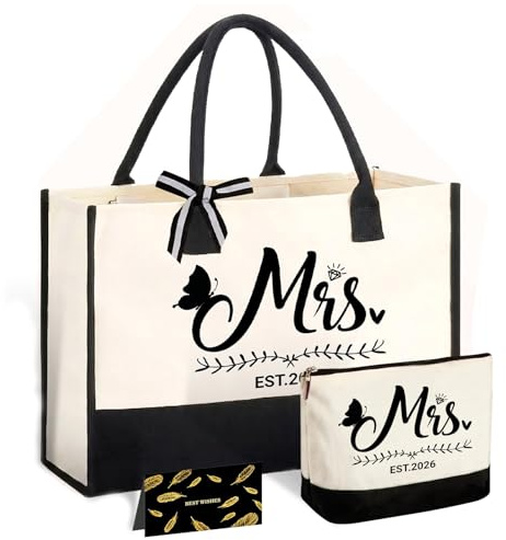 RUQVKWLA Bride To Be Gifts 2026 Tote Bag Set with Makeup Bag and Card Mrs Canvas Bag Wedding Gift for Bride To Be Bridal Shower Engagement Bachelorette Party Honeymoon Large Capacity Gift Set