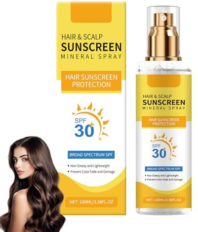 Protección solar para el cabello y el cuero cabelludo, spray mineral FPS 30, spray para el cabello no graso para zonas de raya y cabello ralo, spray UV de protección ligera del cuero cabelludo