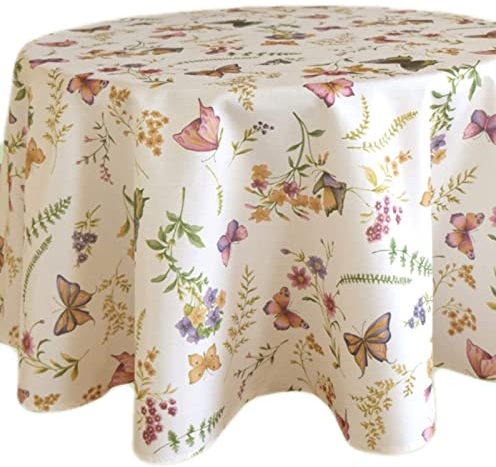 Tischdecke Rund 150 cm Pflegeleicht Creme Schmetterlinge Bunt Sommer Gartentischdecke Küchendecke Motivdruck (Tischtuch rund 150 cm)