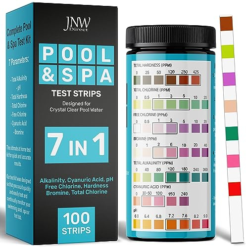 Tiras pH rápidas y precisas para agua de piscina y spa - Kit analizador de cloro y pH 7 en 1-100 tiras test cloro, bromo, pH y dureza con eBook - JNW Direct