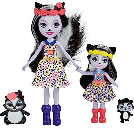 Enchantimals HCF82 - Sage Skunk und kleine Schwester (ca. 15 cm und ca. 4 cm) und 2 Tierfiguren, Abnehmbarer Rock und Zubehörteile, tolles Geschenk für Kinder ab 3 Jahren