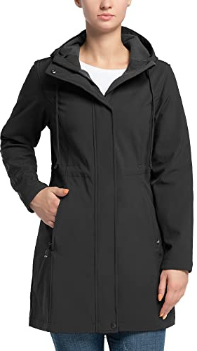 33,000ft Giacca Softshell da donna Giacca leggera impermeabile da pioggia Giacca lunga di transizione funzionale a vento Cappotto Softshell con cappuccio traspirante Nero L