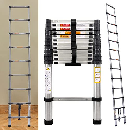 Telescoping Extension Ladder 12.5FT Stainless Steel Heavy Duty Telescopic Ladder with Locking Mechanism Multi-Purpose Collapsible Ladder EN131 Safe Standard Adjustable Height for RV Loft Home Attic