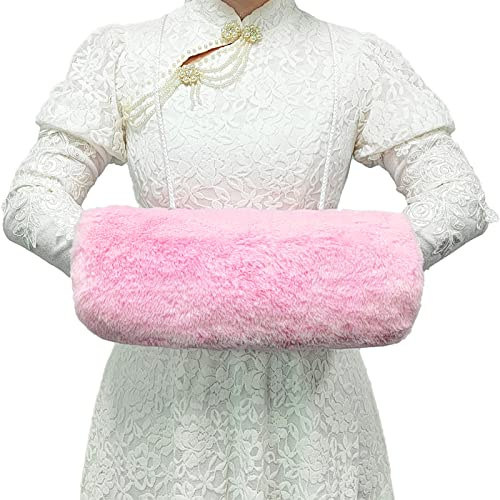 SwirlColor Hand Muffs for Women, Portable Pink Plush Faux fur Hand Muff with Neck Cord Hand Warmer muff with A Hook for Women and Girls In Winter 36 x 20 cm/14.17 x 7.87 in