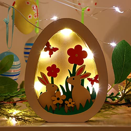 JOFONY Lámpara de conejo de Pascua, decoración de Pascua, luz LED de madera, luz nocturna decorativa, adorno de conejo, decoración de mesa LED para fiesta de Pascua