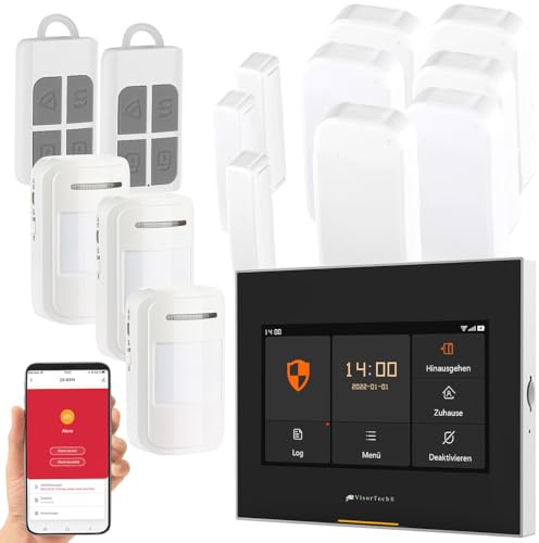 VisorTech Funkalarmanlage: 14-TLG. Funk-Alarmanlage: 9 Sensoren, 2 Fernbedienungen, GSM WLAN App (Alarmanlage Wohnung, Alarm-Anlage, 12V)