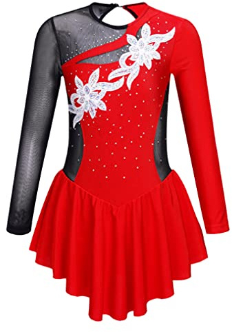 Freebily Fille Tenue Patinage Artistique Manche Longue Enfant Fleur Justaucorps Gymnastique Danse Latin Avec Culotte Strass Costume Competition Performance 5-16 Ans Z-Rouge 9-10 ans