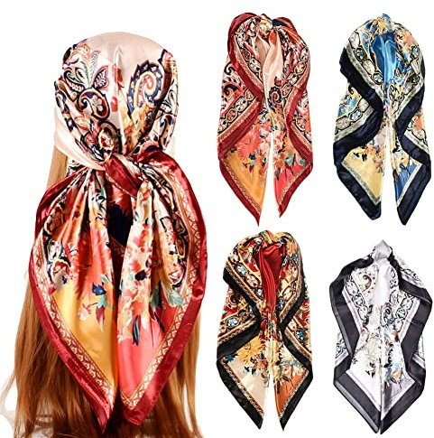 upeilxd 4Pcs Silk Head Scarves for Women Satin Hair Scarf 35”Large Square Bandana Silk Like Neck Scarf Shawl Sleeping Headscarf(Red/Blue/White/Beige)