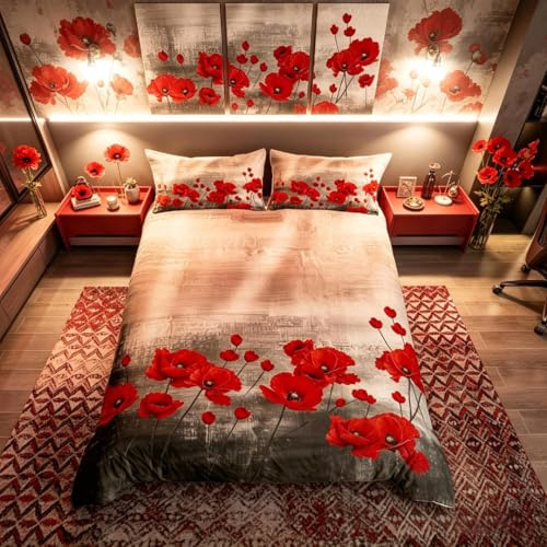 Set di biancheria da letto con copripiumino con papaveri rossi e acquerelli, per donne, adulti, ragazze, romantico, botanico, natura, copripiumino grigio e rosso in microfibra, per letto super king