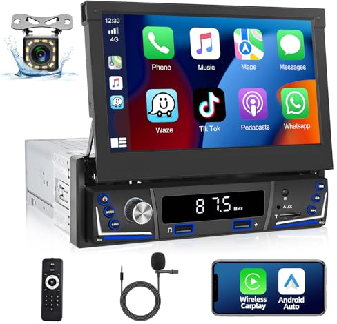 Podofo Autoradio 1Din avec A-pple Carplay et Android Auto sans Fil, Écran Tactile Rétractable 7 Pouces MP5 Radio pour Voiture Stéréo avec Récepteur Bluetooth AM FM + Caméra de Recul & Microphone