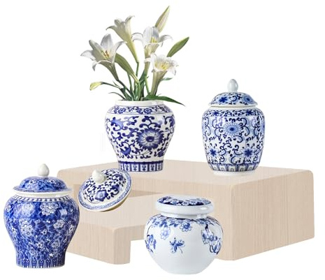 RMERVE Set of 4 Small Blue and White Vintage Vase Porcelain Ginger Jars Mini Chinoiserie Vase for Home Bedroom Table Accent Shelf Tabletop Decor