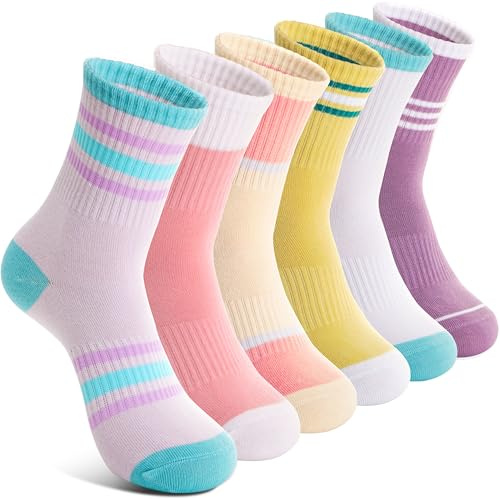 Welwoos Kids Girls Socks Athletic Sport Crew Cotton Breathable Soft Gift Socks 6 Pairs Stocking Stuffers (Light Stripes,3-5T)