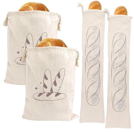 SNSYGN 4 Pièce Sac à Pain, Sac a Pain Tissu, Huche à Pain Sachet Pain en Lin Poche à Pain Avec Cordon De Serrage, Sacs à Cordon De Pain RéUtilisables, Utilisables Comme Sacs à Fruits et Légumes