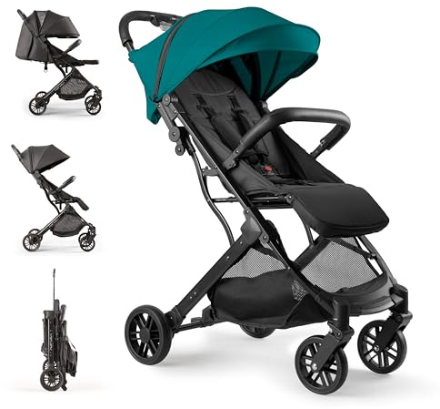 Interbaby Silla de Paseo Ligera y Compacta, Carrito Bebé Plegado Automático, hasta 22 kg, desde Nacimiento, Reclinable, Capota XXL, Suspensión, Cochecito Bebé Viaje Cabina (MIN SPACE PLUS Verde)