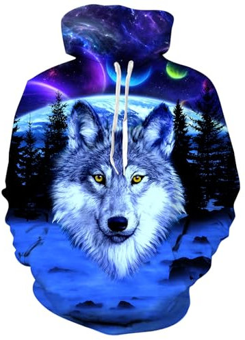 Fanient Hoodie Pullover Damen Herren Jugend 3D Kapuzenpullover Coole Blauer Wolf Bedruckt Lange Ärmel Kapuzenshirt Sweatshirt XXL
