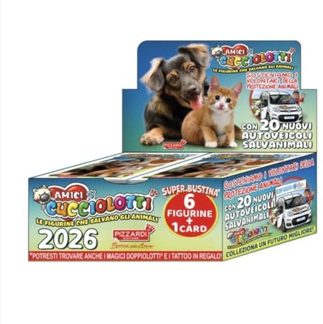 Box figurine Amici Cucciolotti 2026-100 bustine - 6 figurine e una card per bustina + 5 portachiavi Cucciolotti e penna colorata