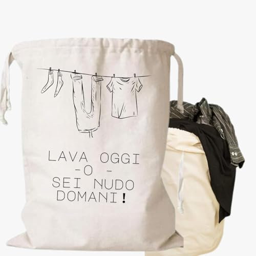 Borsa Sacco Per la Biancheria in Cotone Con Coulisse per, Adatto Per Riporre Vestiti e Lavabile in Lavatrice - Portabiancheria con Stampa Italiana Contenitore per Vestiti Sporchi