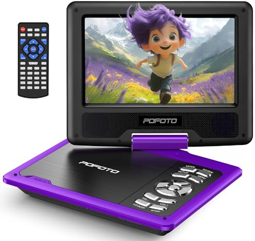 POFOTO 9.5 Portable DVD Player for Kids and Car with 7.5 Swivel Screen, 4-6 Hours Working Time, Car DVD Player with Dual Speakers, Remote Control, Support Sync TV, Region Free USB/SD/AV - Purple