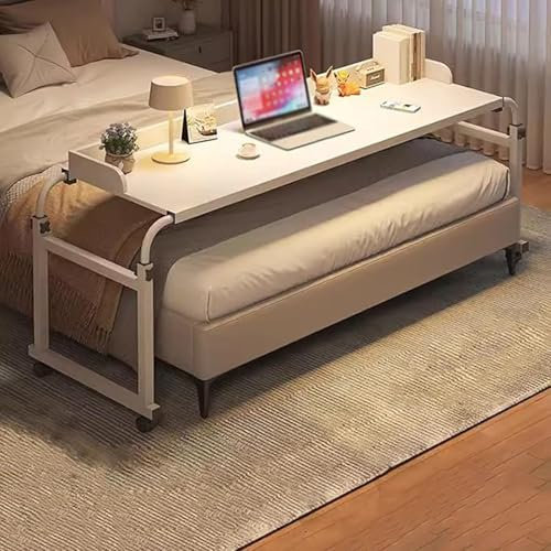 GWWBD Adjustable Overbed Bedside Table with Wheels，Tisch Mit Rollen Klein Betttisch Groß Beistelltisch Mit Rollen Für Pflegebett über-betttisch Auf Rollen Höhenverstellbar(Color:White+)