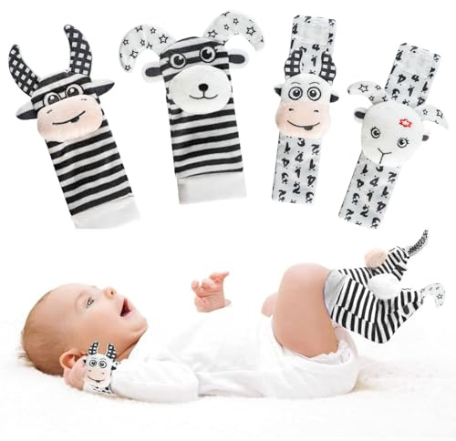 YHTCC Baby Wrist and Ankle Rattles Toys, 0-6 Months Essentials for Newborn | Cute Plush Animals Black and White Sensory Toys