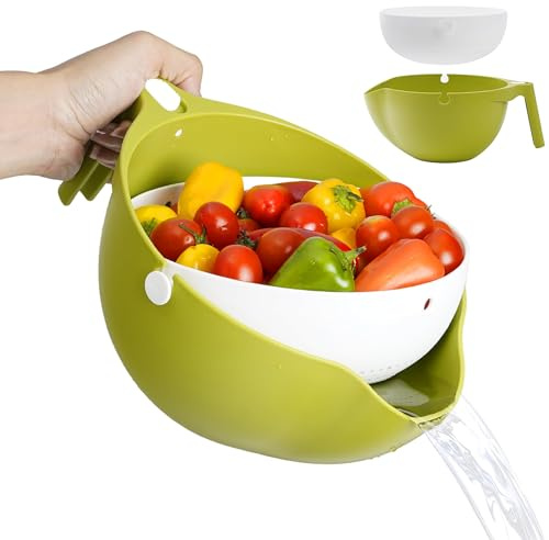 Vridbar sil med tvättskål för frukt och grönsaker – blötläggning, tvätta och droppa dubbelskikts droppsil med skål – pasta, spaghetti, nudlar, bönor, frukt och grönsakssil med handtag (grön)