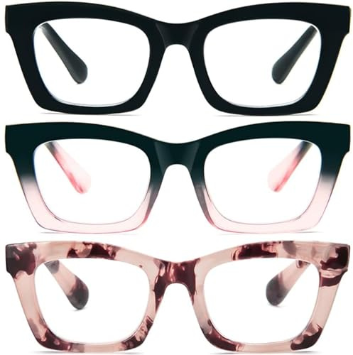 KoKoBin 3 Pack Occhiali da lettura per donna, occhiali da computer oversize alla moda con dalla luce blu e cerniera a molla (Nero/Nero Rosa/Rosa leopardata, 1, x)