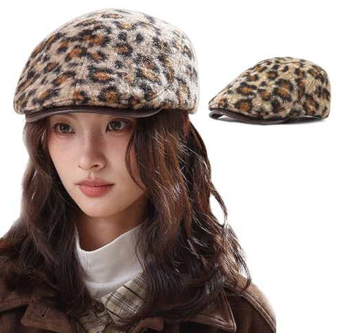 KASESSS Vintermössa med plysch leopard, retro Newsboy Hat Basker Kvinnor med kort visir, varm justerbar bagare hattar platt åttkantig hatt för daglig användning casual