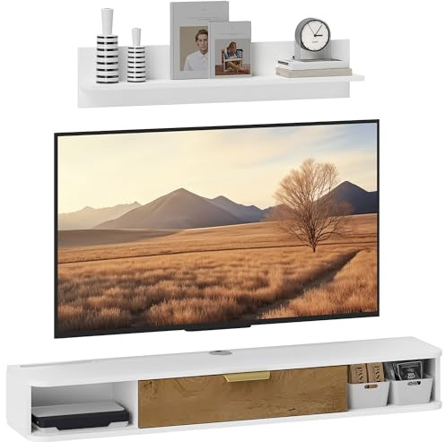 HOMCOM Mobile TV sospeso con mensola da parete, mobile TV in legno da parete con ripiani aperti, porta pieghevole e passacavi, panchina TV per soggiorno camera da letto, 120 x 24 x 16 cm, bianco
