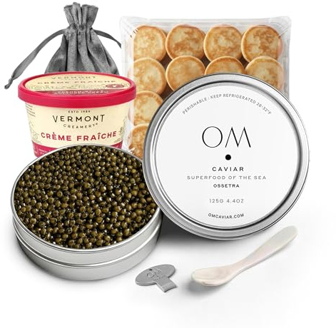 OM Caviar Kaluga Hybrid 125g Caviar Gift Set - Premium River Beluga Sturgeon Roe - Gourmet Food Delicacy with Buttery, Nutty Flavor - Sustainable