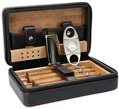 Fishlor Handgefertigter Zigarren Humidor, Tragbare Leder Zedernhumidor Humidor, zigarren Set fr Reise Kurztrips Zedernholz Zigarrenetui Zigarrenhumidor für 4 Zigarren, zigarren zubehör