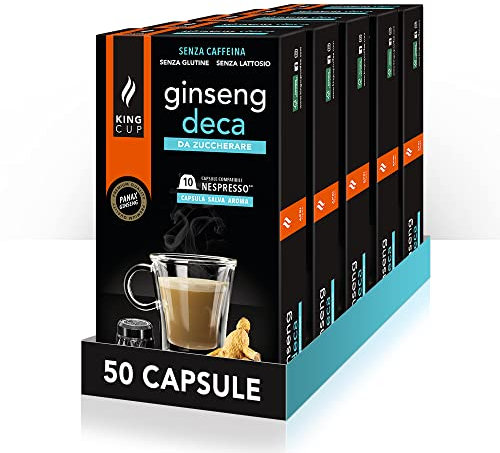 King Cup - 5 Paquets de 10 Capsules de Ginseng Deca Sans Sucre, 50 Capsules 100% Compatible avec le Système Nespresso de Boisson Aromatisée Ginseng, Sans Gluten et Sans Lactose