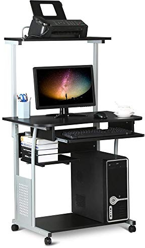 Yaheetech Scrivania per PC da Ufficio Tavolo Porta Computer con Stampante Ruote Tavolo Salvaspazio Mobile con Ripiani Tastiera Scorrevole Scrittoio da Studio Nera 80 x 50 x 132 cm