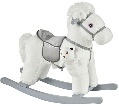 Qaba Kids Rocking Horse with Bear Toy, Plush Animal Rocker with Fun Realistic Sounds for Toddler 18-36 Months, White