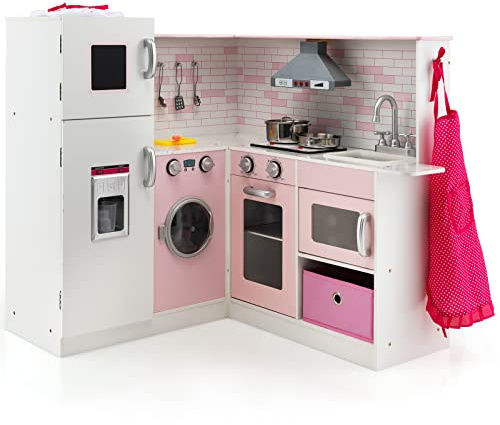 COSTWAY Cucina Giocattolo per Bambini in Legno, Mini Cucina Angolare per Bambini con Luci e Suoni Interattivi e Accessori per Cucina, Ideale per 3+ Anni, Rosa