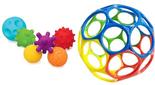 INFANTINO Balles Souples Sensorielles 6 Balles Souples aux Formes/Tailles Différentes & Bright Starts, Oball Classic, Balle Flexible et Facile à Manipuler, Jouet d'activité sensorielle