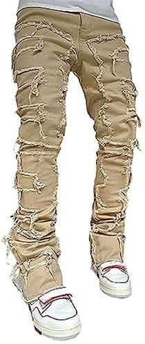 CosTribe Pantalon jean pour homme avec coupe slim déchirée, jeans en denim droit à aspect usé, pantalon de rue Harajuku Hip Hop, marron, Taille L