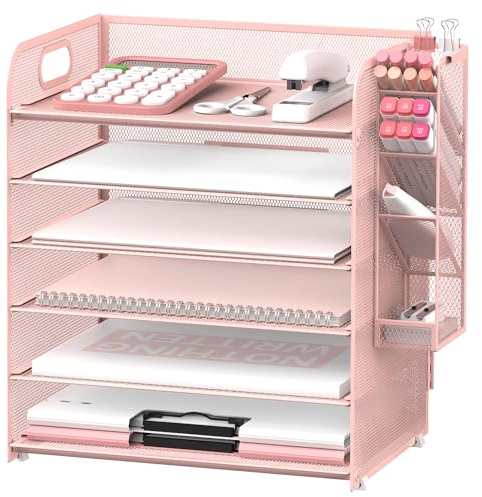 SUPEASY Organizador de Escritorio de 6 Niveles con 4 Soportes para bolígrafos, Organizador de Papel de Malla con asa, Bandeja organizadora de Escritorio para Carpeta de Archivos A4, Rosa