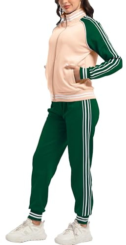 ANOTWENER Survêtement pour femme - Survêtement de sport rayé - 2 pièces - Avec poches - S-XXL, Vert/rose, XL