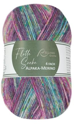Rellana Alpaka-Sockenwolle, 4-fädig, 100 g, 420 m Lauflänge, 15% Alpaka, Nadelstärke 2-3 mm (3071 lila-grün-blau)