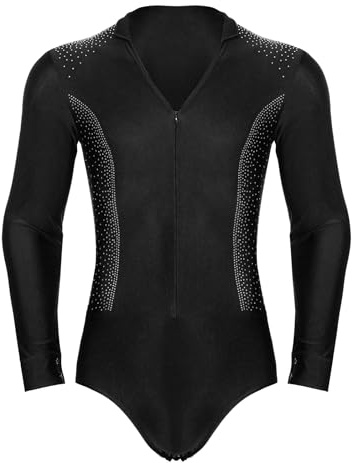 Sinleey Men's Shiny Rhinestones Figure Skating Shirt Top V Neck Latin Tango Ballet Dance Leotard Ballroom Costume Black XL